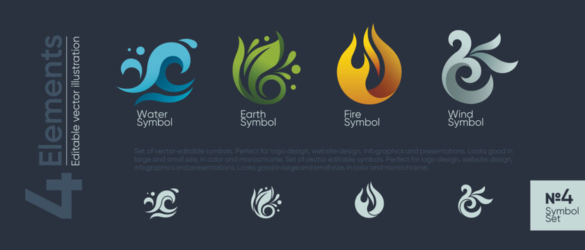 Four Elements fire water earth air Icon Set Logos