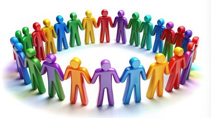 Colorful 3D illustration of diverse individuals forming a cohesive unit, symbolizing teamwork, unity, and collaboration, with bold outlines and vibrant colors on a white background.