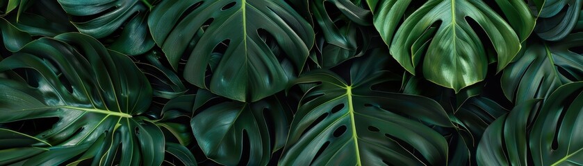 Close-up of lush green tropical Monstera leaves creating a vibrant and natural background, perfect for nature-themed designs.
