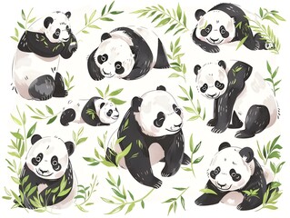 Obraz premium Set of various panda illustration on white. AI generated