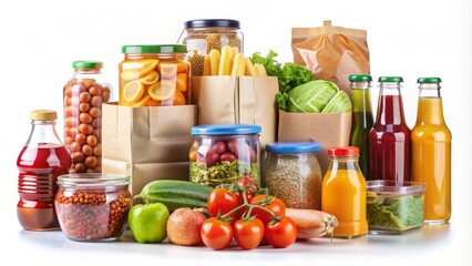 Colorful icons of various food items, such as fruits, vegetables, and snacks, placed in different packaging like bags, boxes, and bottles, on a white background.