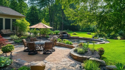Backyard Patio with Stone Walkway, Pond, and Waterfall