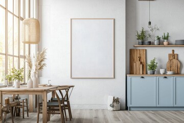 Fototapeta premium Poster Mockup in Kitchen Interior with White Wall created with Generative AI