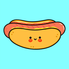 Hot dog character. Vector hand drawn cartoon kawaii character illustration icon. Isolated on blue background. Hot dog character concept