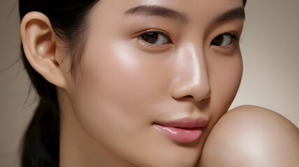 Fototapeta premium “Close-Up Portrait of a Beautiful Asian Woman Highlighting Flawless Complexion and Graceful Expression”