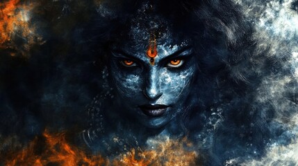 Mystical Gaze: A captivating portrait of a woman with piercing, golden eyes, her face rendered in a mesmerizing blend of blue and fire, evokes a sense of otherworldly power and enigmatic beauty.  