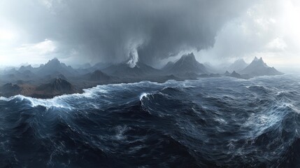 Dramatic Coastal Storm Scene with Dark Clouds, Raging Sea Waves, and Distant Tornado near Rugged Mountainous Landscape
