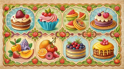 Colorful vintage-inspired candy labels featuring whimsical illustrations of sweets, cakes, and fruits on distressed paper backgrounds with ornate borders and decorative typography.