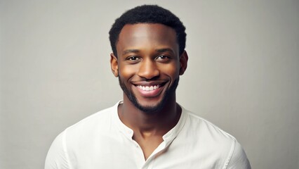 Obraz premium Confident young black man with short hair and stubble, wearing a casual white shirt, posing against a neutral background with a subtle smile.