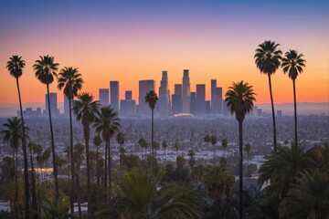 Los angeles skyline at sunset with palm trees