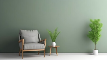 set of contemporary wooden  easy chair made from  light color maple wood and grey fabric seat cushion , infront of pastel green solid wall background 