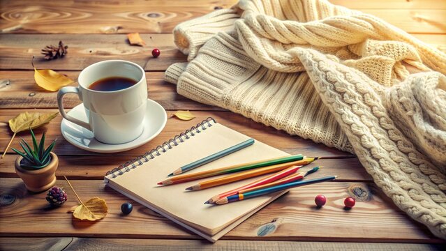 Cozy cream-colored sweater lies casually draped over a worn wooden desk, surrounded by scattered sketchbook pages and colorful pencils in a creative workspace.