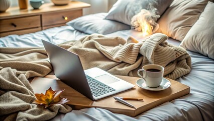 Cozy laptop setup on a cluttered bed with pillows, blankets, and a steaming cup of coffee, surrounded by scattered papers and office supplies.