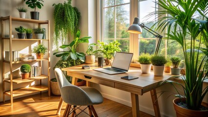 Fototapeta premium Cozy well-lit home office with wooden desk, Mac laptop, and papers, surrounded by plants and natural light, conveying a sense of warmth and productivity.