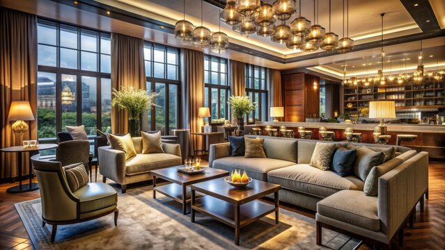 Cozy upscale hotel lounge with plush sofas, large windows, and a chic bar serving champagne, surrounded by elegant decor and ambient lighting.