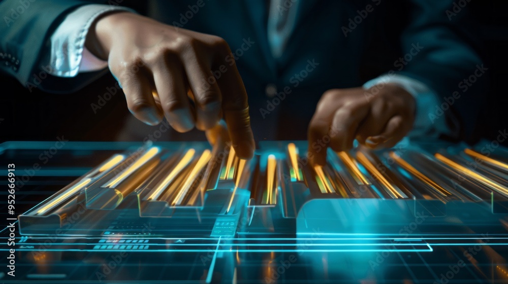Poster a man is playing a keyboard with his hands
