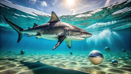 Fototapeta premium A majestic shark effortlessly glides through the water, its powerful tail effortlessly propelling balls across the green felt with skill and precision.