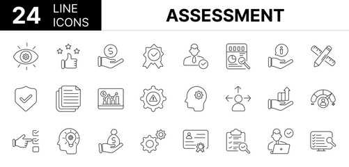  Collection of 24 assessment line icons featuring editable strokes. These outline icons depict various modes of assessment, inspecting, progress, gauge, advice, performance, 