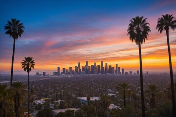 Los angeles skyline at sunset with palm trees and city lights