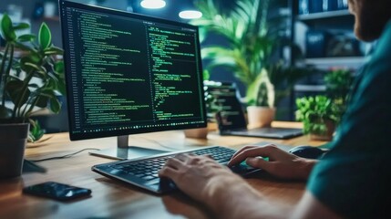 Developer writing HTML code with a green matrix-style background hacker-like aesthetic