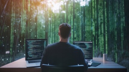 Developer writing HTML code with a green matrix-style background hacker-like aesthetic