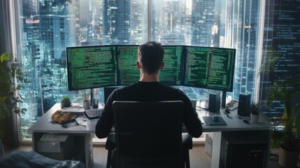 Developer writing HTML code with a green matrix-style background hacker-like aesthetic