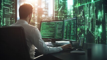 Developer writing HTML code with a green matrix-style background hacker-like aesthetic