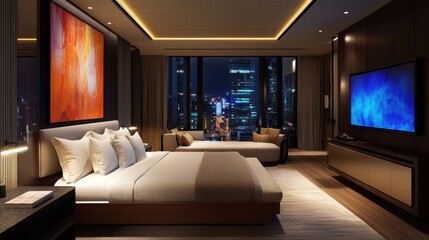 large bedroom with white and grey bed. night view of the city from big window. modern interior design
