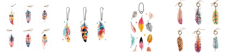 Obraz premium Colorful feather tags display vibrant designs, ideal for crafts, gifts, or decorative purposes, showcasing artistic flair and creativity.