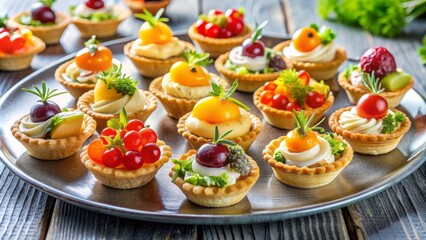 Delicate bite-sized hors d'oeuvres, colorful canapés, and miniature quiches arranged beautifully on a decorative platter, perfect for an elegant cocktail party or sophisticated gathering.