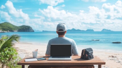 Fototapeta premium Digital nomad working on website development at a beach remote work lifestyle