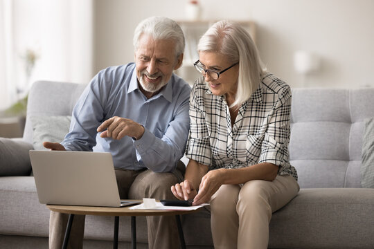Smiling mature couple sit on sofa make budget analysis, use calculator and laptop, discuss expenses and incomes, checks bill amounts and savings, review monthly payments, counting money feel satisfied