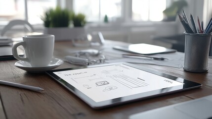 Digital sketch of a website layout on a tablet creative design process