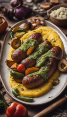 Chorizo Verde sausage with polenta and roasted vegetables