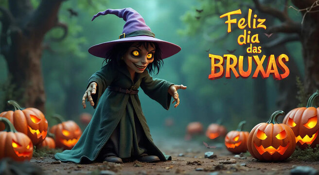 Feliz dia das bruxas. Bruxa dedos tortos. Bruxa de chap&eacute;u. Bruxa horripilante. Ab&oacute;boras de dia das bruxas acesas. Bruxa olhos sinistros. 