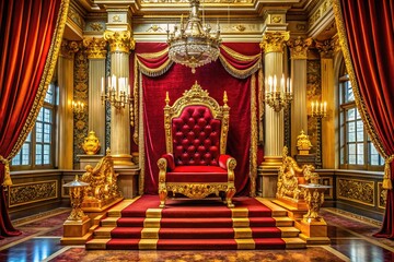 Fototapeta premium A majestic throne sits upon a grand dais, surrounded by regal accents and an atmosphere of power, exuding an aura of majesty and authority.