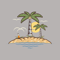 Fototapeta premium Illustration of coconut trees and beautiful islands at sunset.