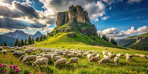 Obraz premium A majestic rock outcropping takes shape as a flock of sheep, elevating from a sun-kissed meadow where vibrant wildflowers sway.