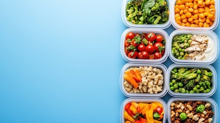 Colorful meal prep containers filled with fresh vegetables, grains, and proteins on a light blue background.