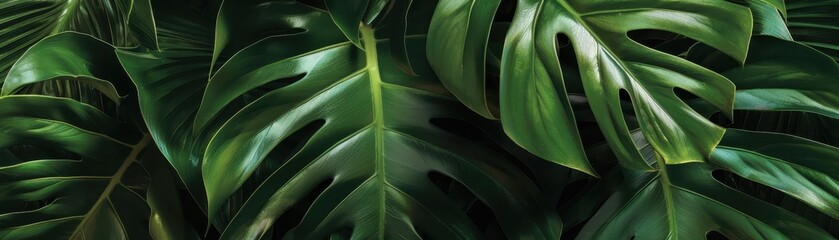 Close-up view of lush green Monstera leaves, showcasing the vibrant texture and natural beauty of tropical foliage in a dense arrangement.