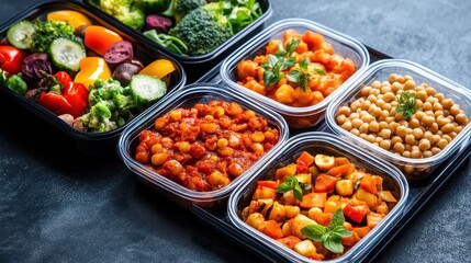 Colorful meal prep containers filled with healthy vegetables, grains, and proteins, ideal for balanced nutrition and meal planning.