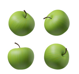 A collage of four green apples on a white background. 3D Rendering of fresh apples. Concept of healthy eating and fresh produce