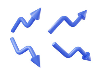 A set of four 3D blue arrows with various zigzag shapes and pointed ends on a plain white background. Concept of direction and navigation. 3D Rendering
