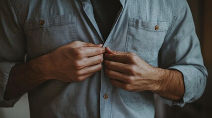 The Final Touches: A man's hands meticulously fasten a button on his shirt, a quiet moment of preparation and anticipation.