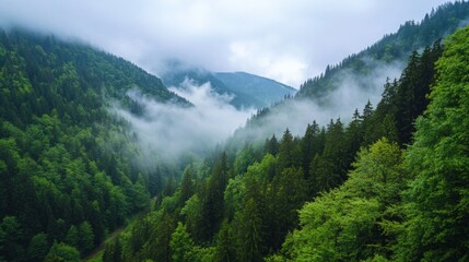 Fototapeta premium Fog rolling through a mountain pass foggy weather