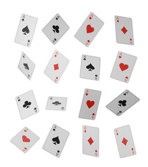 Assorted playing cards featuring aces of all suits floating against a white background. Concept of gambling, luck, and card games. 3D Rendering