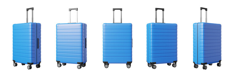 Blue hard-shell suitcases are displayed from various angles on a white background. The image showcases a clean and minimalist design of modern travel luggage. 3D Rendering