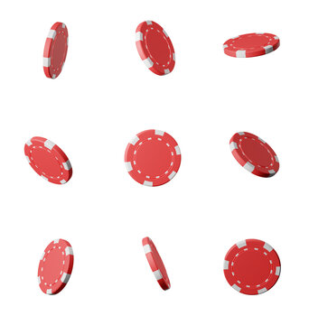Multiple red poker chips with white accents shown from different angles on a white background. Concept of gambling, casino, gaming. 3D Rendering