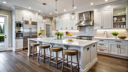 Elegant modern kitchen features sleek white cabinets, quartz countertops, stainless steel appliances, and a large island with pendant lights and comfortable stools.