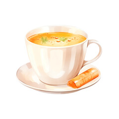 A warm cup of soup in a white cup with a plate, garnished with herbs, and a crunchy breadstick on the side. Perfect for a cozy meal.
